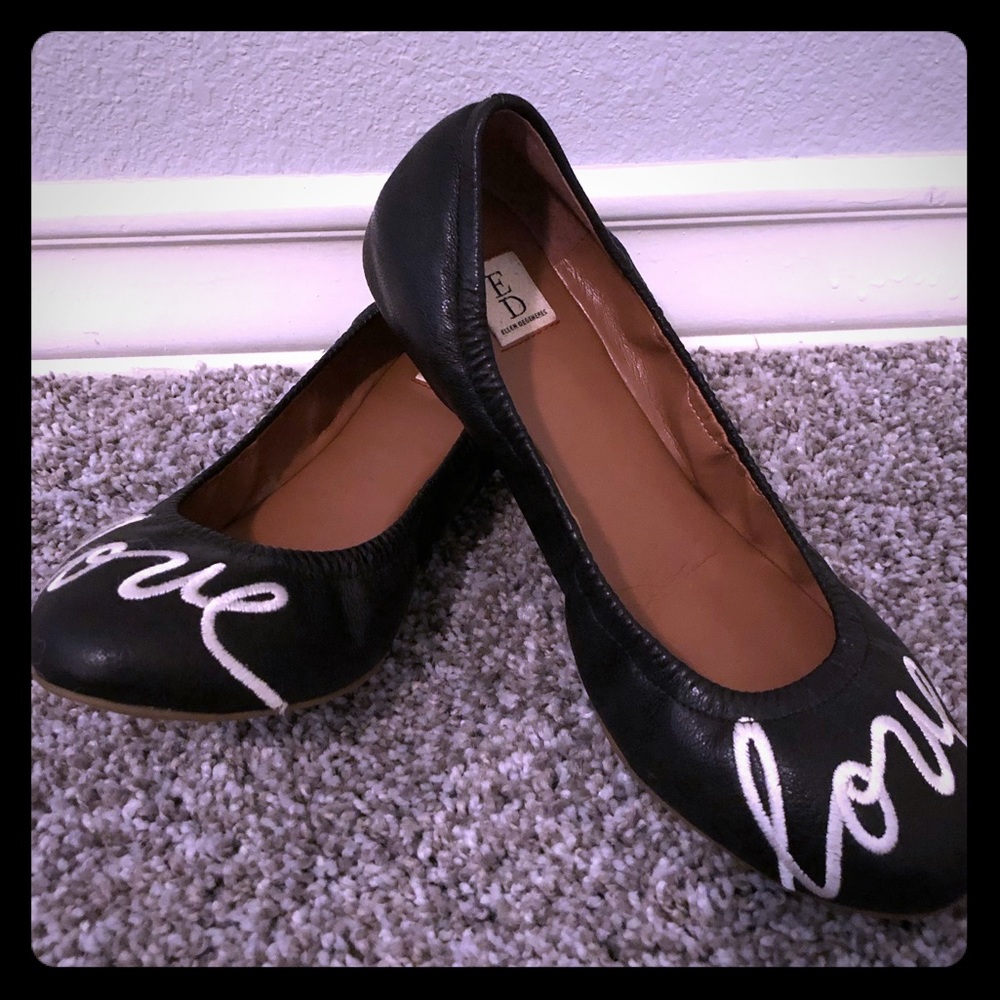 Ellen Degeneres Black Flats with White Love Script